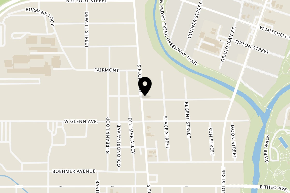 Map showing the location of Blue Moon Mexican Restaurant on 3228 S Flores St in San Antonio